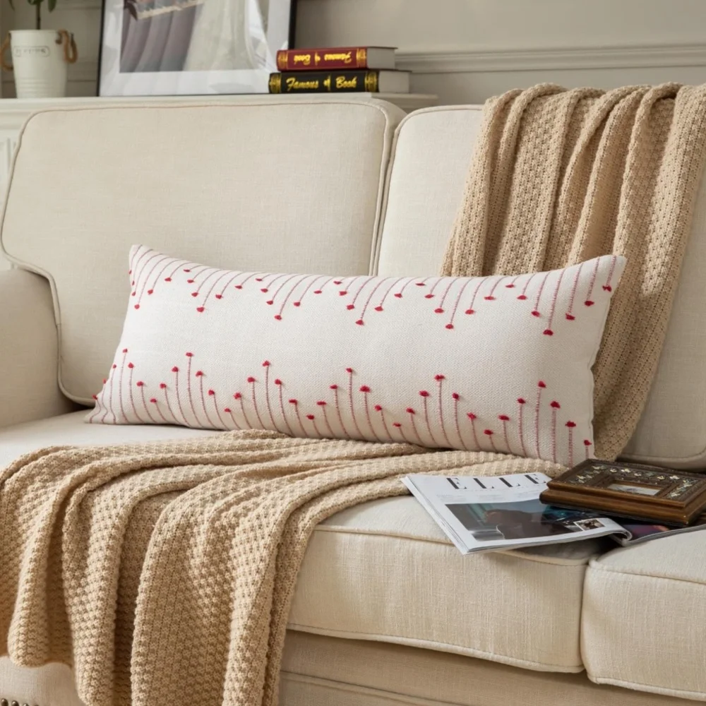 Christmas Modern Farmhouse Pillow Cover LUMBAR Rectangular Red/Beige 14x36”